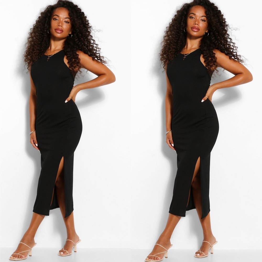 Boohoo High Neck Split Detail Rib Midi Dress 10